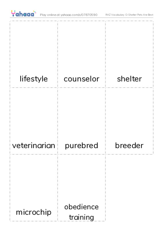 RAZ Vocabulary O: Shelter Pets Are Best PDF flaschards with images
