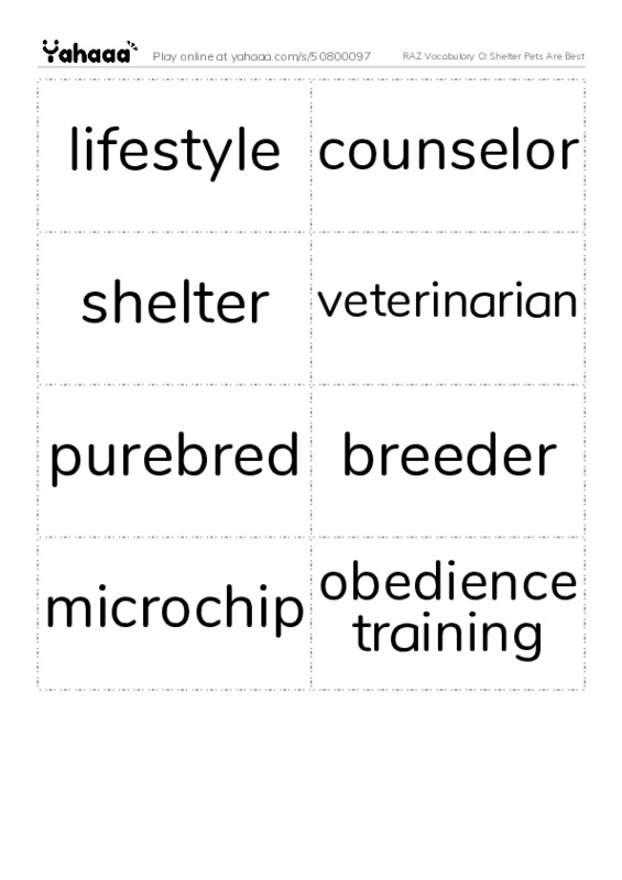 RAZ Vocabulary O: Shelter Pets Are Best PDF two columns flashcards