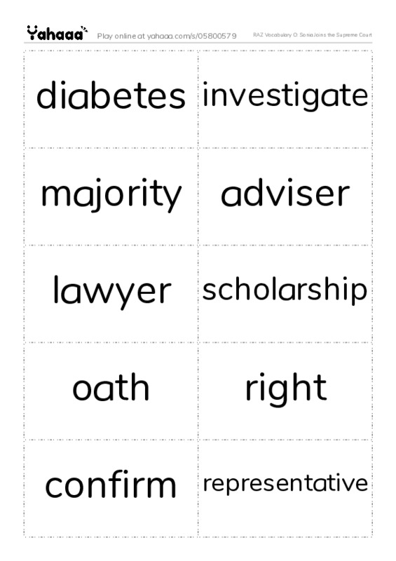 RAZ Vocabulary O: Sonia Joins the Supreme Court PDF two columns flashcards