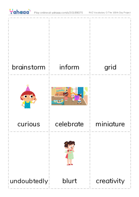 RAZ Vocabulary O: The 100th Day Project PDF flaschards with images