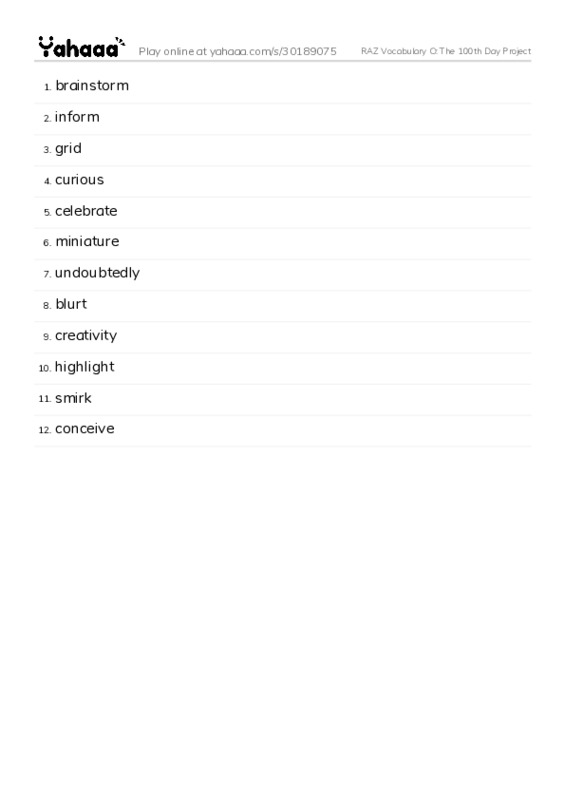 RAZ Vocabulary O: The 100th Day Project PDF words glossary