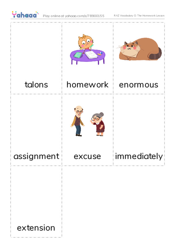 RAZ Vocabulary O: The Homework Lesson PDF flaschards with images