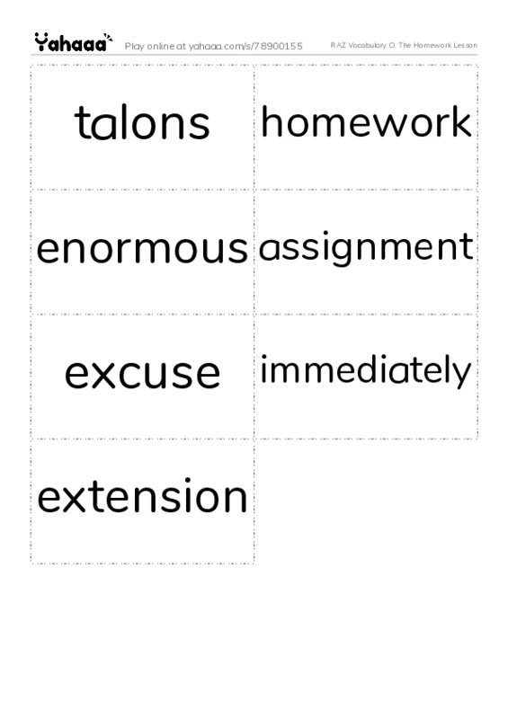 RAZ Vocabulary O: The Homework Lesson PDF two columns flashcards