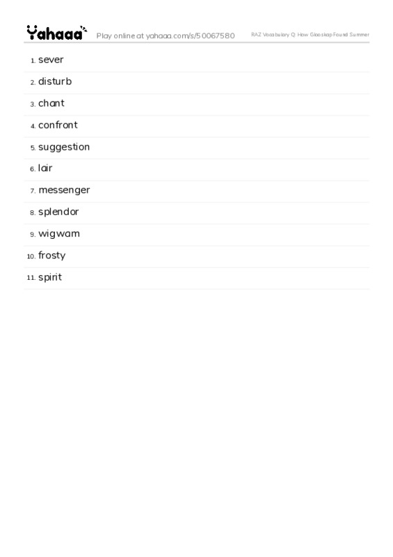 RAZ Vocabulary Q: How Glooskap Found Summer PDF words glossary