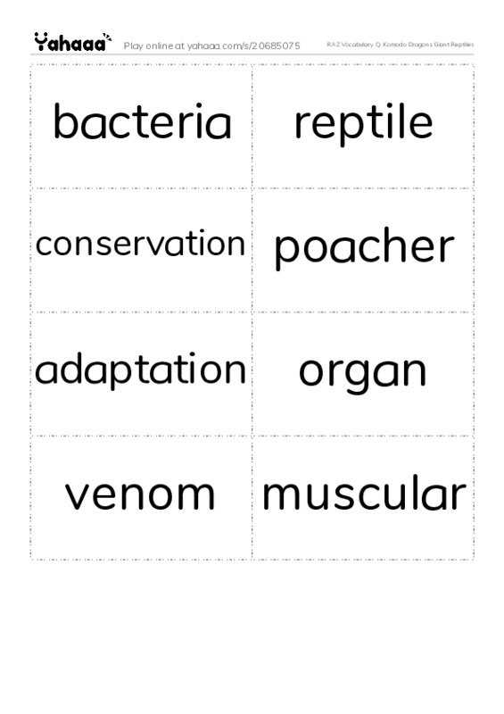 RAZ Vocabulary Q: Komodo Dragons Giant Reptiles PDF two columns flashcards