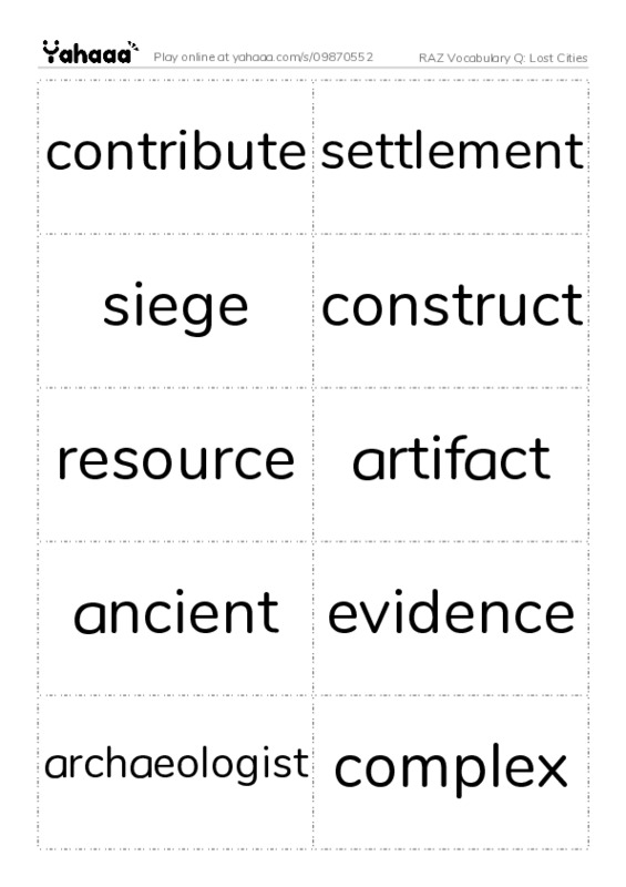 RAZ Vocabulary Q: Lost Cities PDF two columns flashcards