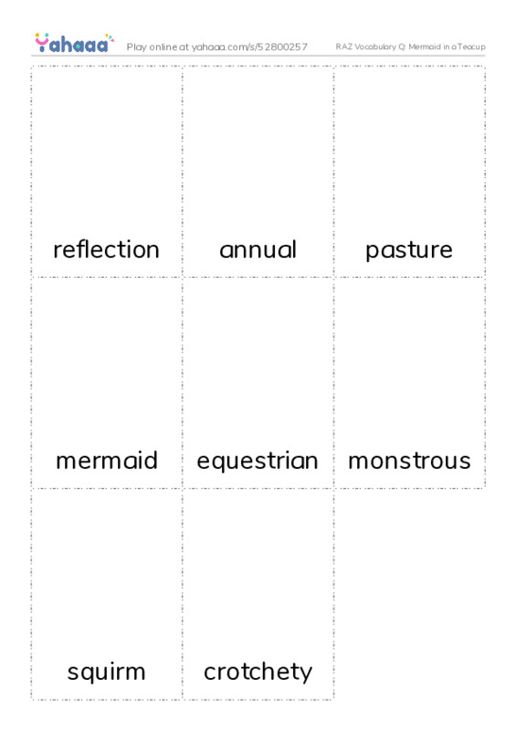 RAZ Vocabulary Q: Mermaid in a Teacup PDF flaschards with images