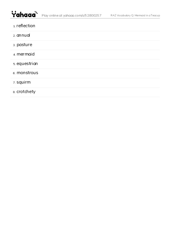 RAZ Vocabulary Q: Mermaid in a Teacup PDF words glossary
