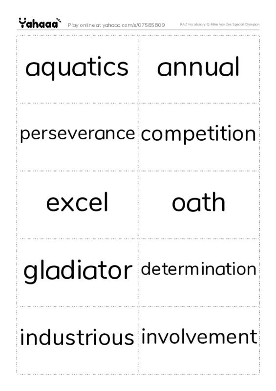 RAZ Vocabulary Q: Mike Van Zee Special Olympian PDF two columns flashcards