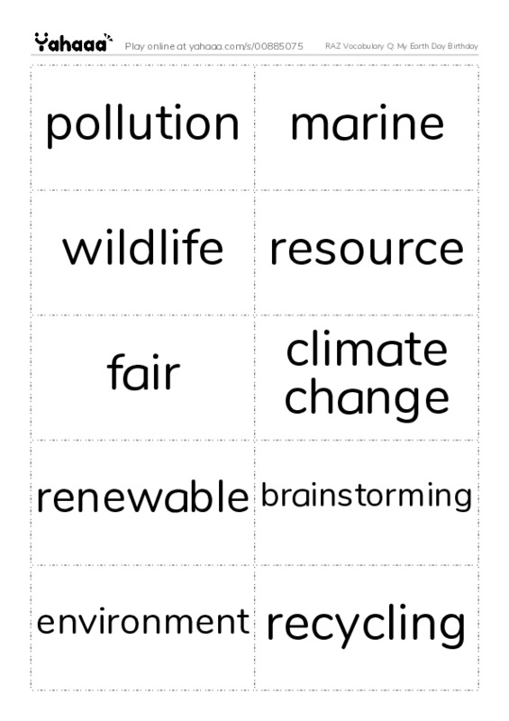 RAZ Vocabulary Q: My Earth Day Birthday PDF two columns flashcards