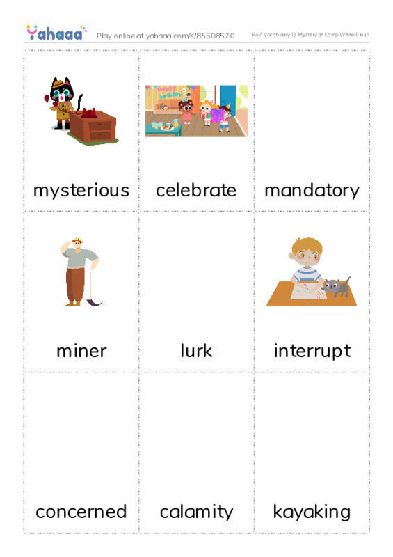 RAZ Vocabulary Q: Mystery at Camp White Cloud PDF flaschards with images