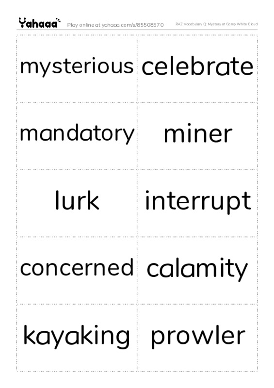 RAZ Vocabulary Q: Mystery at Camp White Cloud PDF two columns flashcards