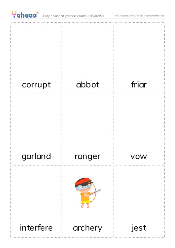 RAZ Vocabulary Q: Robin Hood and the King PDF flaschards with images