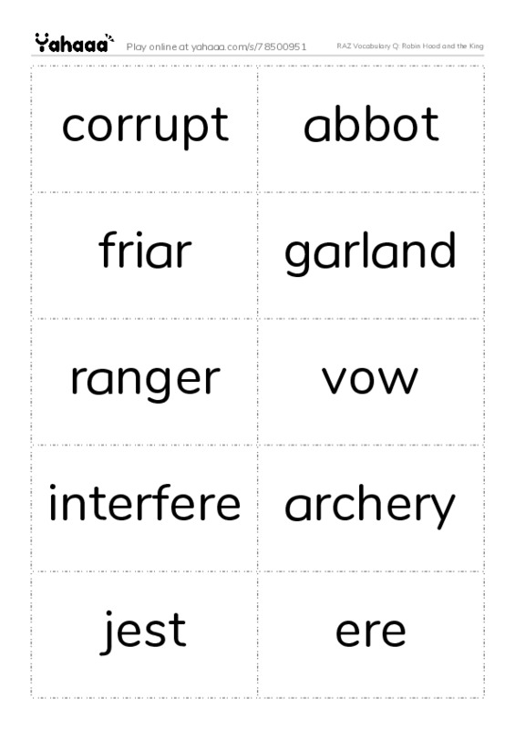 RAZ Vocabulary Q: Robin Hood and the King PDF two columns flashcards