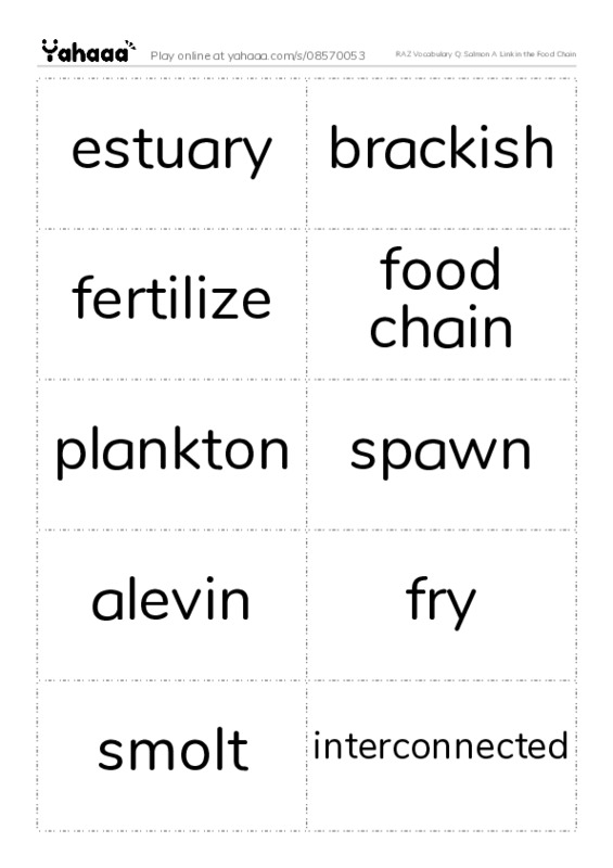 RAZ Vocabulary Q: Salmon A Link in the Food Chain PDF two columns flashcards