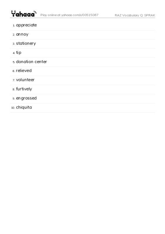 RAZ Vocabulary Q: SPRAK PDF words glossary
