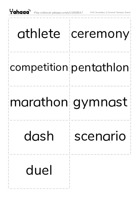 RAZ Vocabulary Q: Summer Olympics Events PDF two columns flashcards