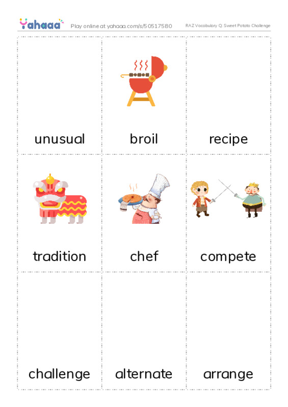 RAZ Vocabulary Q: Sweet Potato Challenge PDF flaschards with images