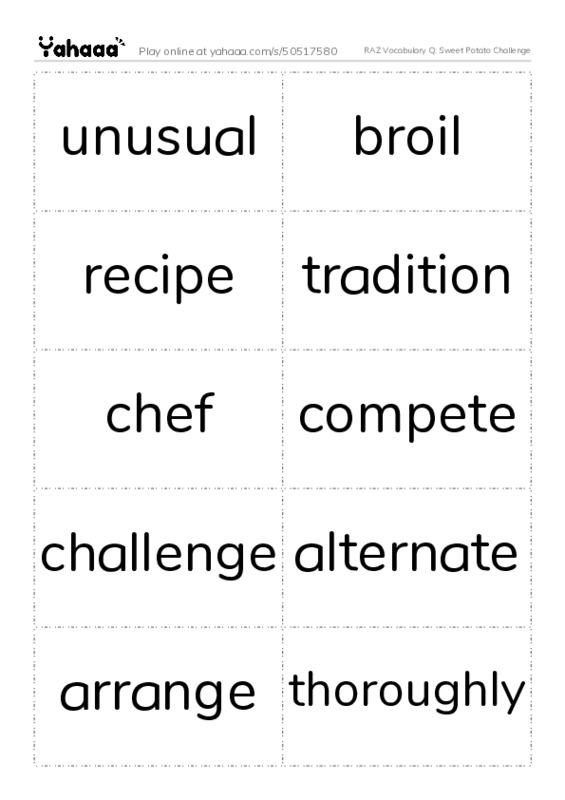 RAZ Vocabulary Q: Sweet Potato Challenge PDF two columns flashcards
