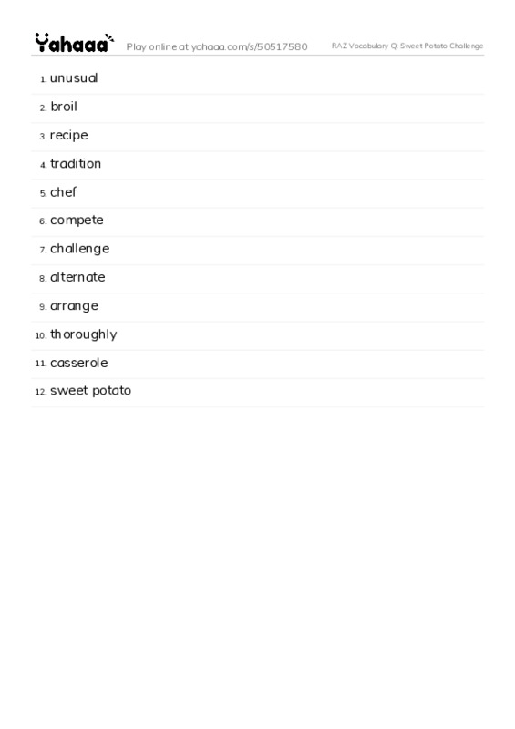 RAZ Vocabulary Q: Sweet Potato Challenge PDF words glossary