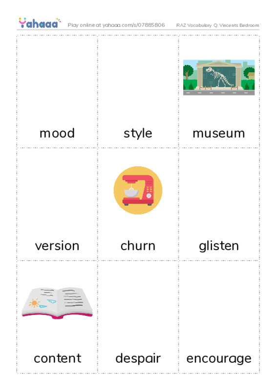 RAZ Vocabulary Q: Vincents Bedroom PDF flaschards with images