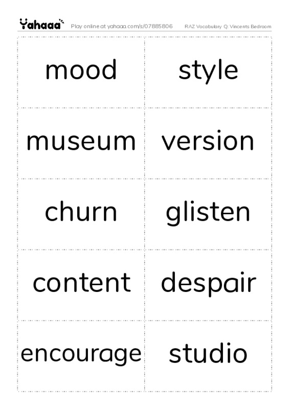RAZ Vocabulary Q: Vincents Bedroom PDF two columns flashcards