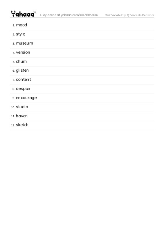 RAZ Vocabulary Q: Vincents Bedroom PDF words glossary