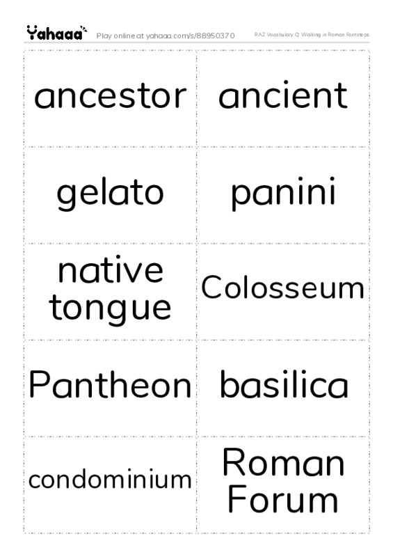 RAZ Vocabulary Q: Walking in Roman Footsteps PDF two columns flashcards