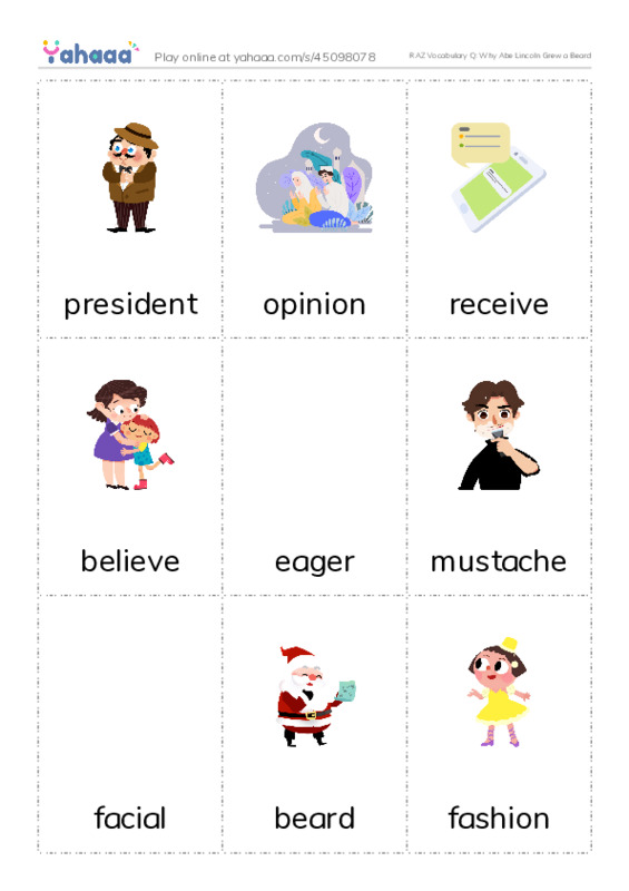 RAZ Vocabulary Q: Why Abe Lincoln Grew a Beard PDF flaschards with images