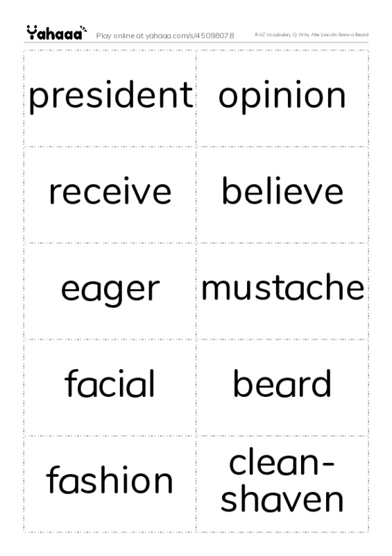 RAZ Vocabulary Q: Why Abe Lincoln Grew a Beard PDF two columns flashcards