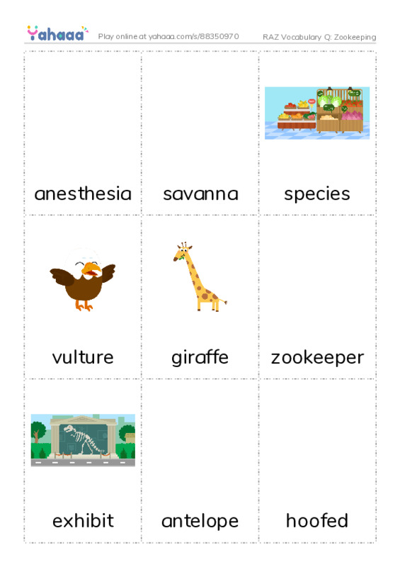 RAZ Vocabulary Q: Zookeeping PDF flaschards with images