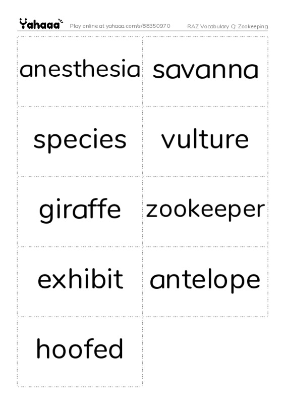 RAZ Vocabulary Q: Zookeeping PDF two columns flashcards