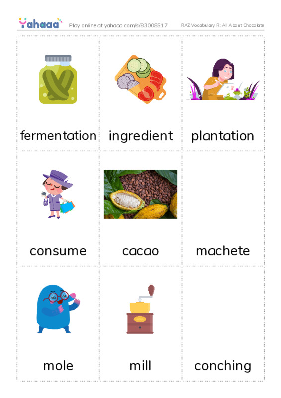 RAZ Vocabulary R: All About Chocolate PDF flaschards with images