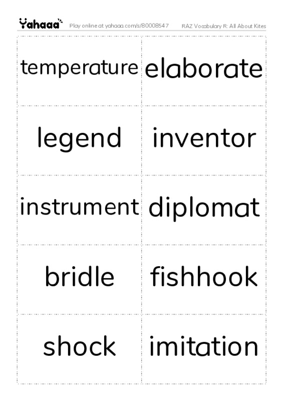 RAZ Vocabulary R: All About Kites PDF two columns flashcards