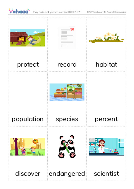 RAZ Vocabulary R: Animal Discoveries PDF flaschards with images
