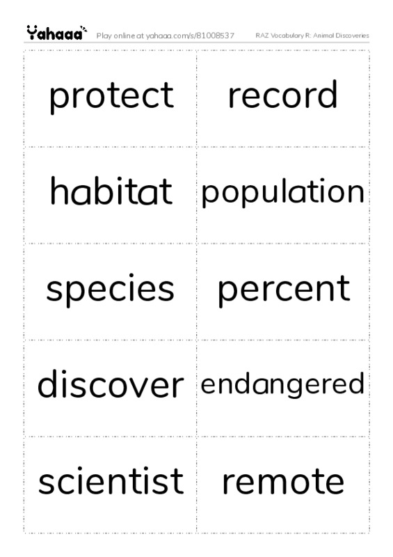 RAZ Vocabulary R: Animal Discoveries PDF two columns flashcards
