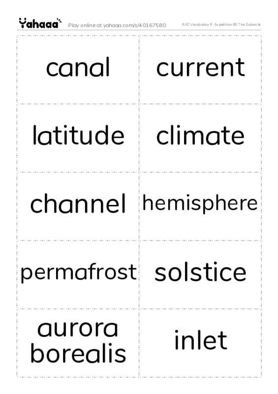 RAZ Vocabulary R: Expedition 60 The Subarctic PDF two columns flashcards