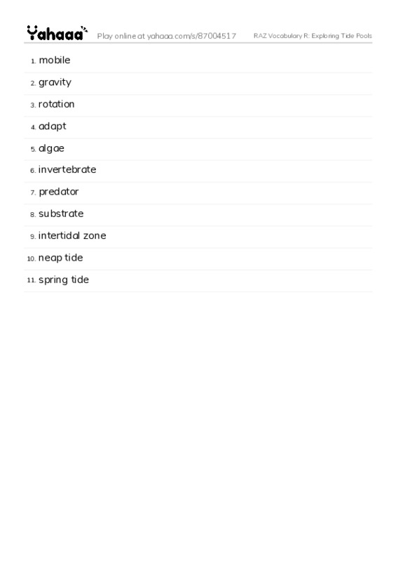 RAZ Vocabulary R: Exploring Tide Pools PDF words glossary