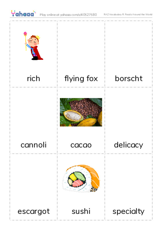 RAZ Vocabulary R: Foods Around the World PDF flaschards with images