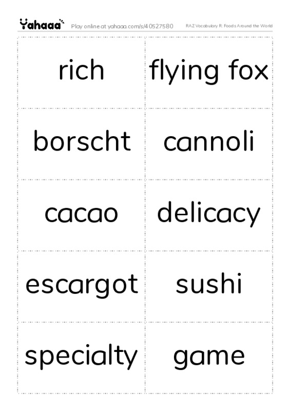 RAZ Vocabulary R: Foods Around the World PDF two columns flashcards