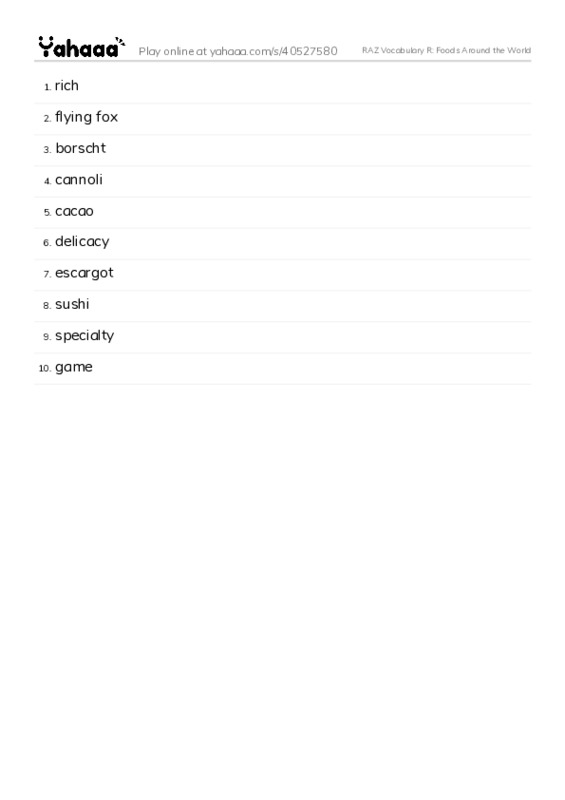 RAZ Vocabulary R: Foods Around the World PDF words glossary