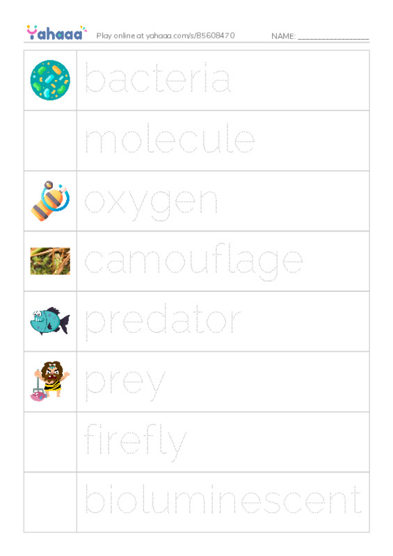 RAZ Vocabulary R: GlowintheDark Animals PDF one column image words