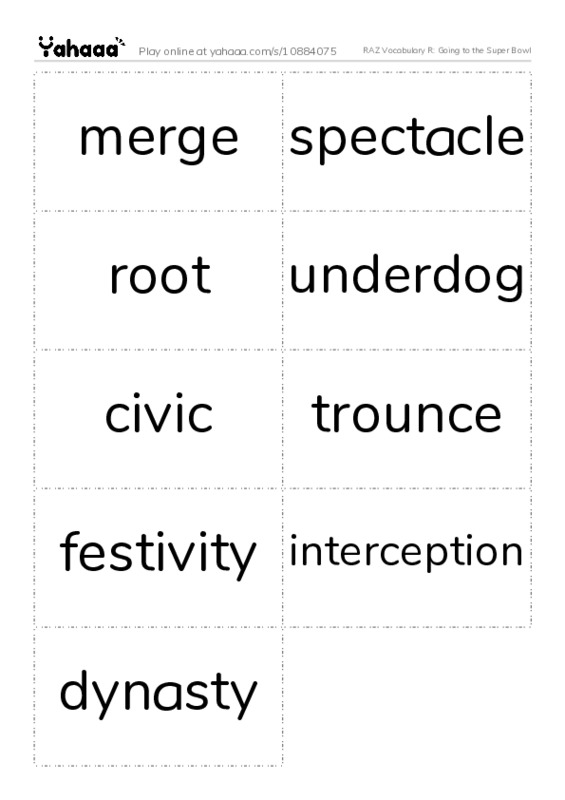 RAZ Vocabulary R: Going to the Super Bowl PDF two columns flashcards