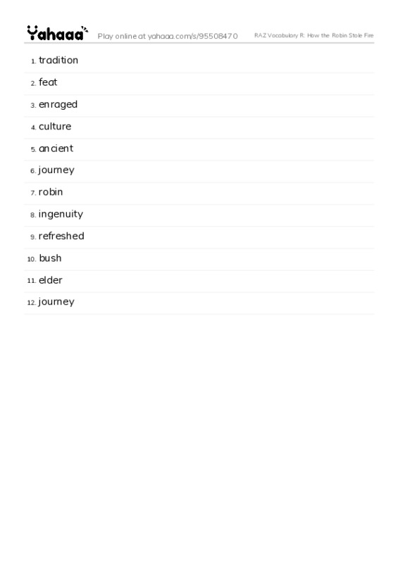 RAZ Vocabulary R: How the Robin Stole Fire PDF words glossary