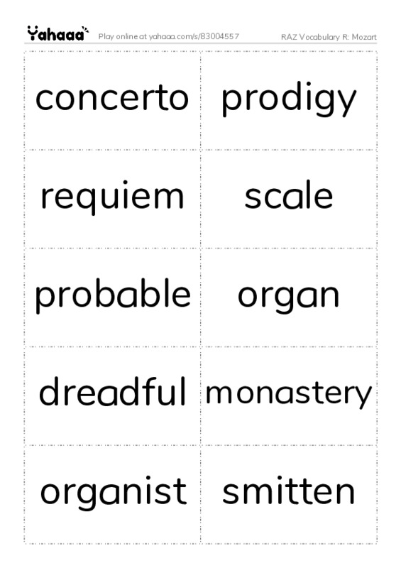 RAZ Vocabulary R: Mozart PDF two columns flashcards