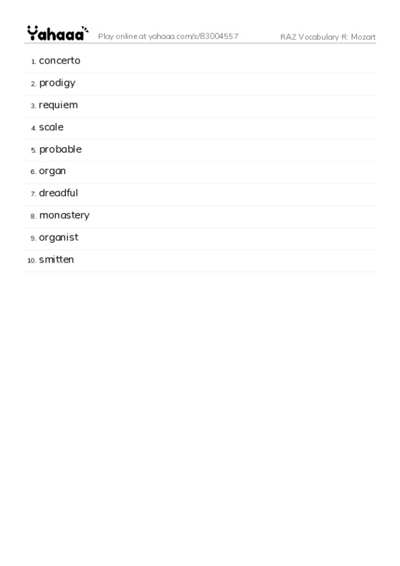 RAZ Vocabulary R: Mozart PDF words glossary
