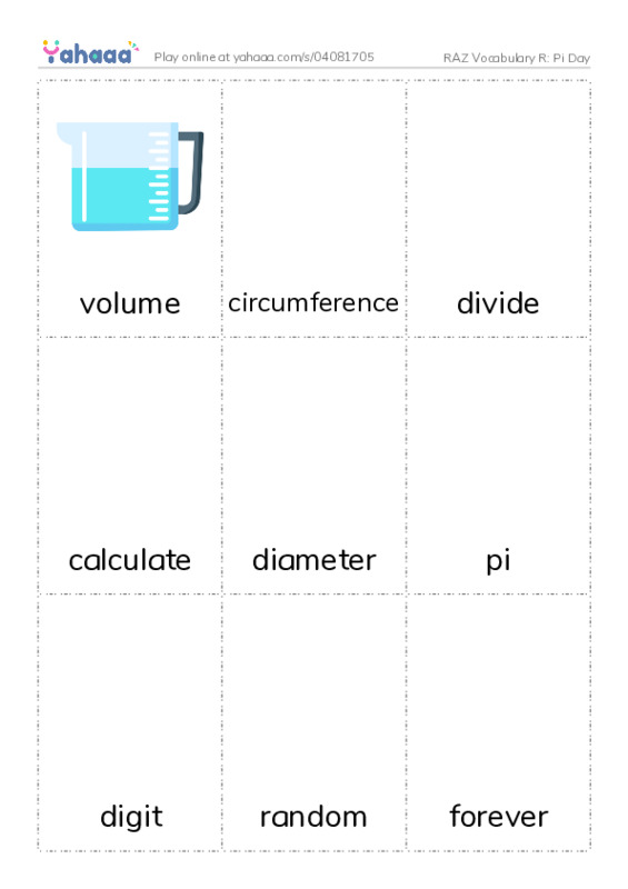 RAZ Vocabulary R: Pi Day PDF flaschards with images