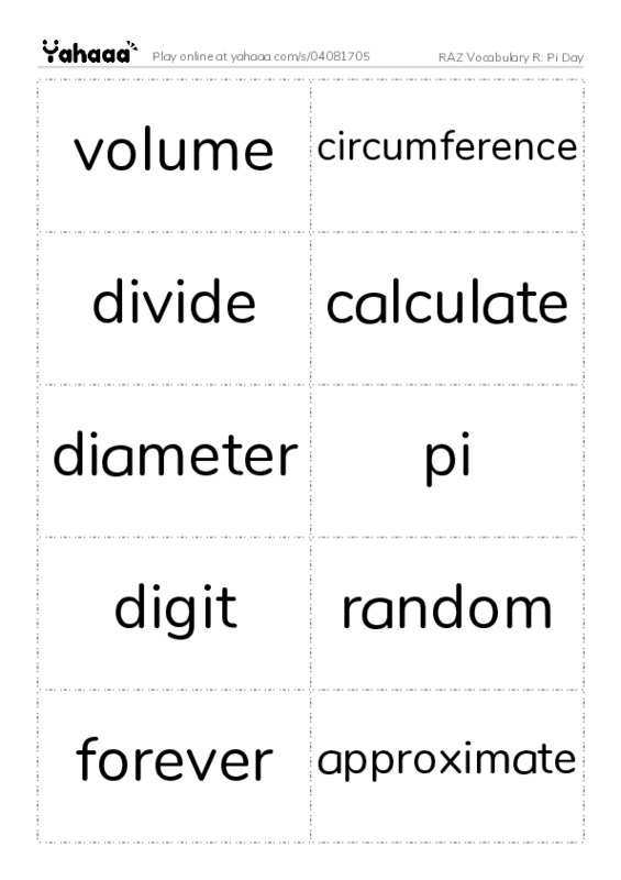 RAZ Vocabulary R: Pi Day PDF two columns flashcards