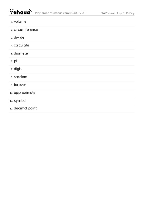 RAZ Vocabulary R: Pi Day PDF words glossary