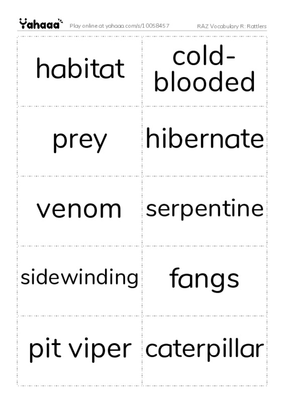 RAZ Vocabulary R: Rattlers PDF two columns flashcards